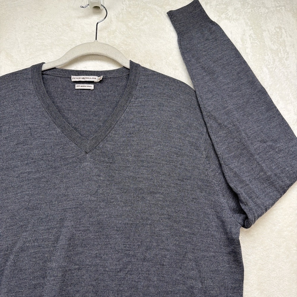 Peter Millar V Neck Merino‎ Wool Sweater Mens M Gray Golf Pullover